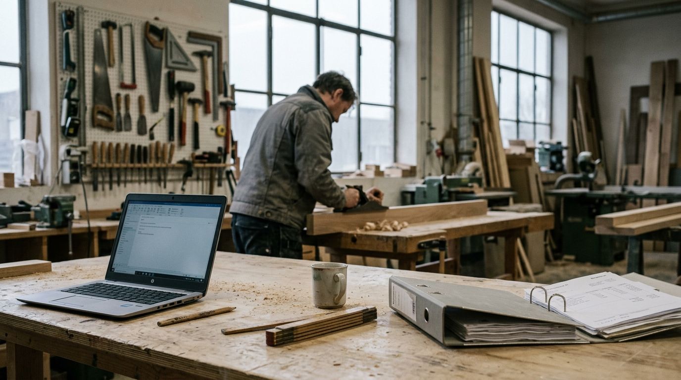 En snedker høvler et bræt i et lyst værksted. I forgrunden står en bærbar computer på høvlebænken mellem tommestok, kaffekop og en mappe med fakturaer.