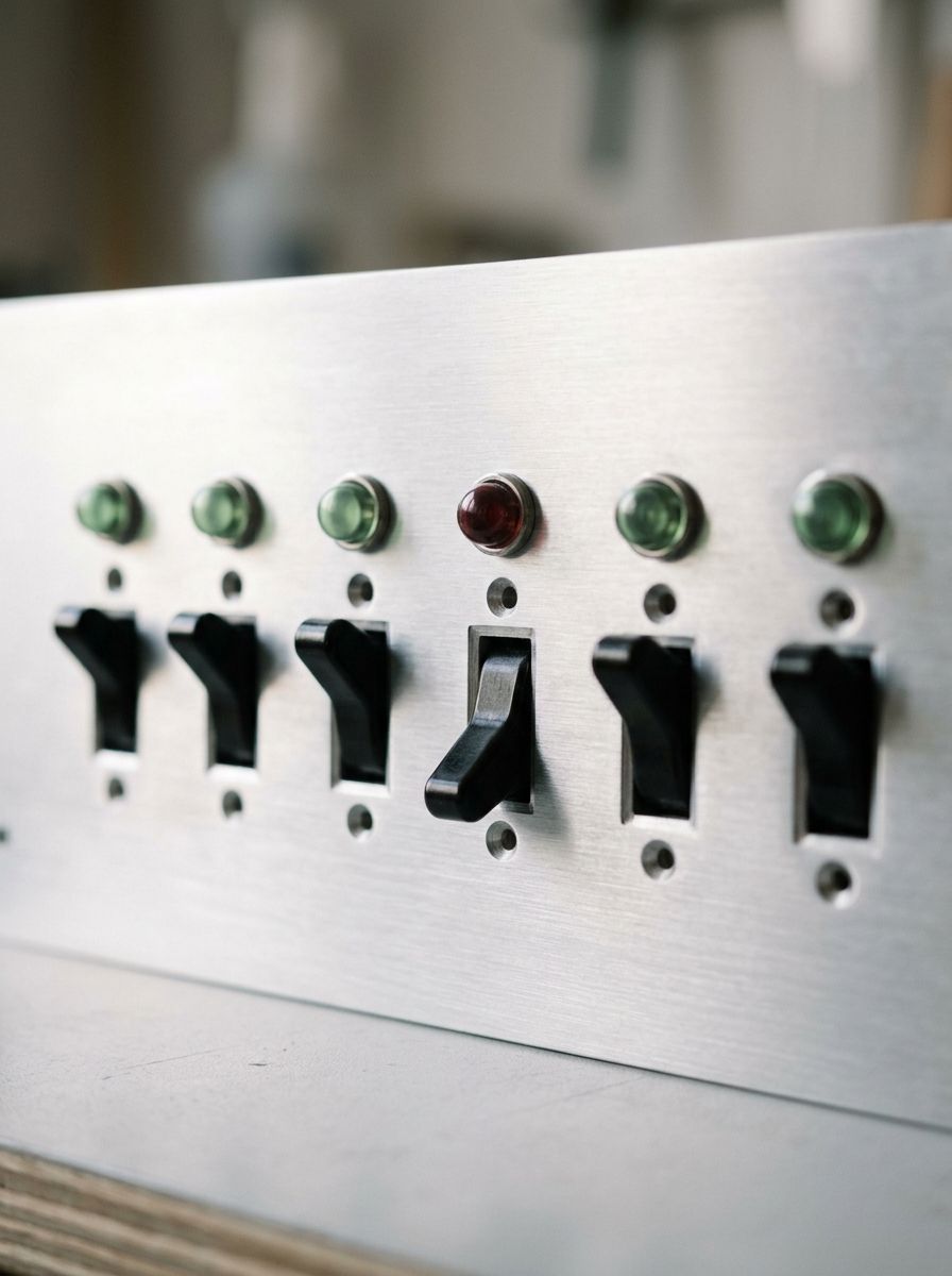Et panel i børstet aluminium med seks vippekontakter. Fem står oppe med grønt lys; den fjerde er slået fra, og dens lampe lyser rødt.