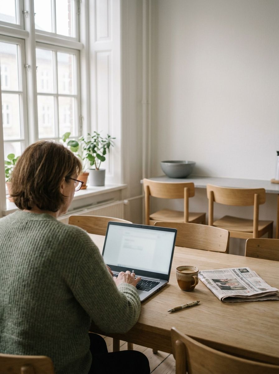 En kvinde sidder ved et køkkenbord i egetræ og arbejder på sin bærbare med en kop kaffe og en avis ved siden af.