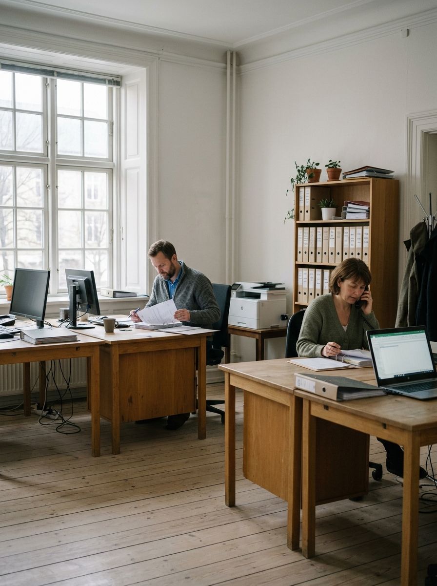 To medarbejdere arbejder ved hver sit skrivebord i et lyst kontor med høje vinduer, ringbind og computere.